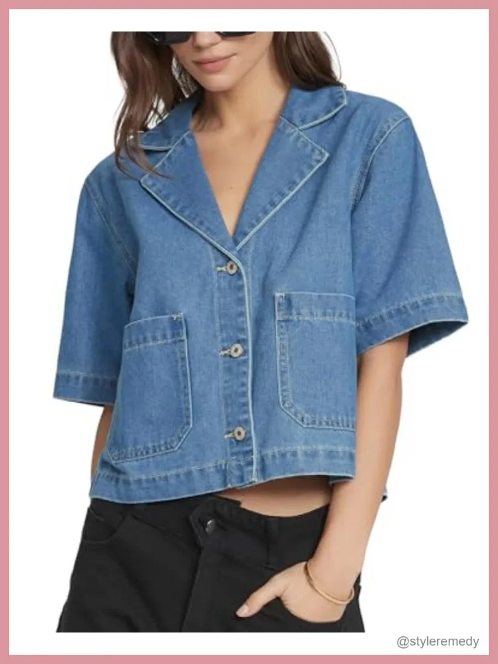 Cropped Denim Jacket Short Sleeve Boxy Button Front Jean Shirt for Women